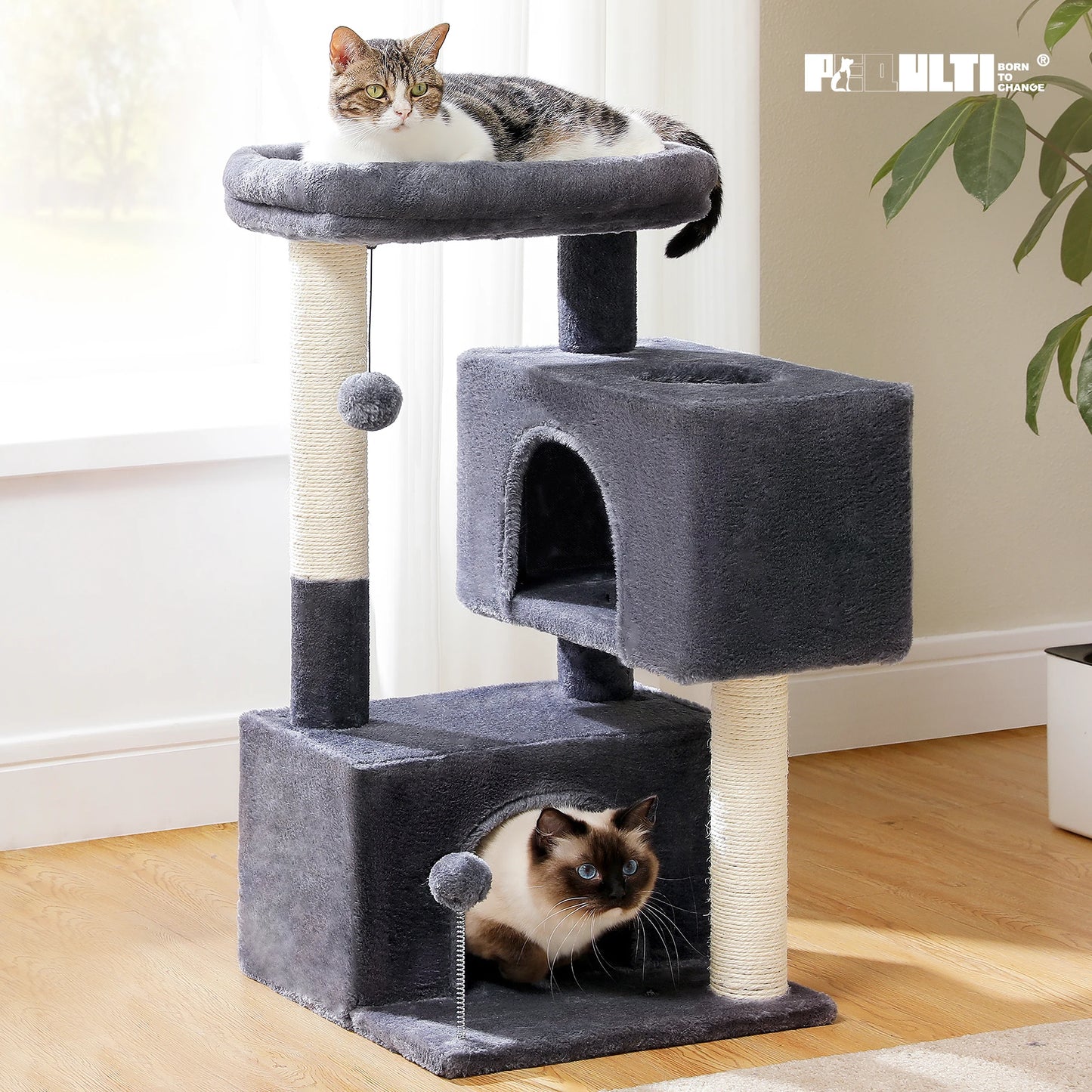 Large Cat Tree Tower for Indoor Use - Accommodates Cats Up to 10kg with Two Spacious Condos, Scratching Posts, and a Generous Perch